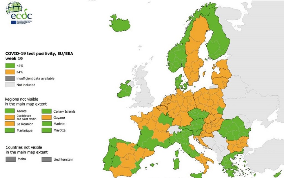 Χάρτης ECDC: Στο «πράσινο» παραμένει η Ελλάδα στον δείκτη θετικότητας